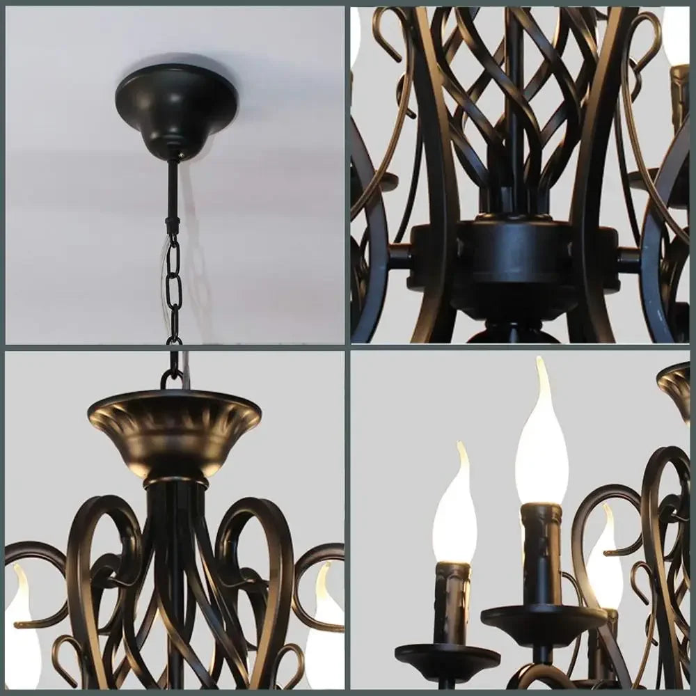 lustre vintage en fer forgé suspension en métal noir - vue 7 sur 8