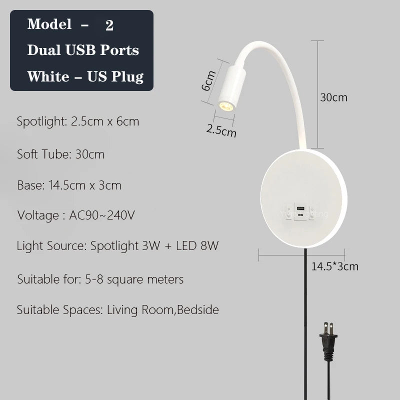Moderne LED-Wandleuchte mit USB-Anschlüssen und Schalter - vue 13 sur 22