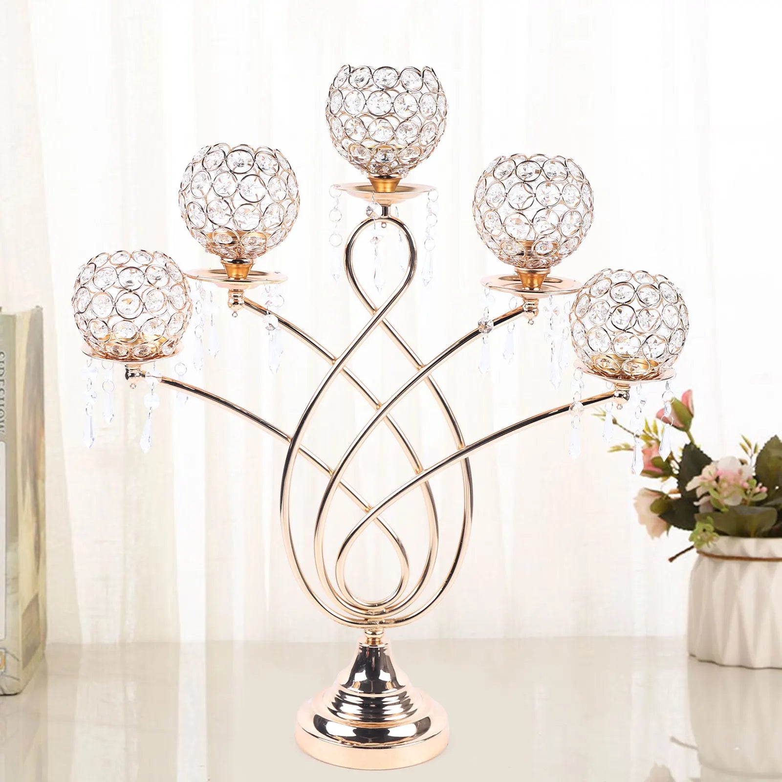bougeoir en cristal doré à cinq bras pour décoration de mariage