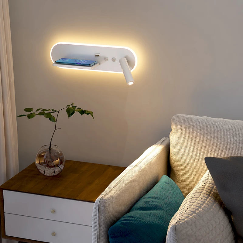 applique murale led de chevet multifonction avec port usb et chargeur sans fil - vue 3 sur 12