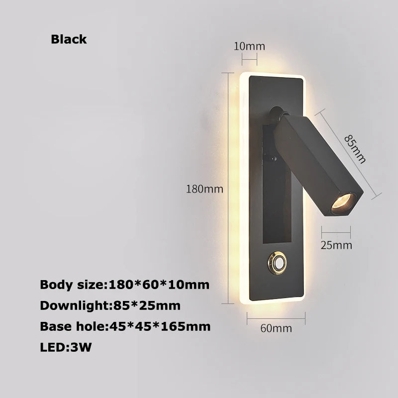 LED Brass Black Wall Lamp Wall Light Wall Sconce Wall Mounted Reading Light with Switch and USB Port, Rotatable For Bedroom - vue 20 sur 23