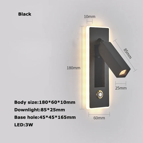 LED Brass Black Wall Lamp Wall Light Wall Sconce Wall Mounted Reading Light with Switch and USB Port, Rotatable For Bedroom - vue 9 sur 23