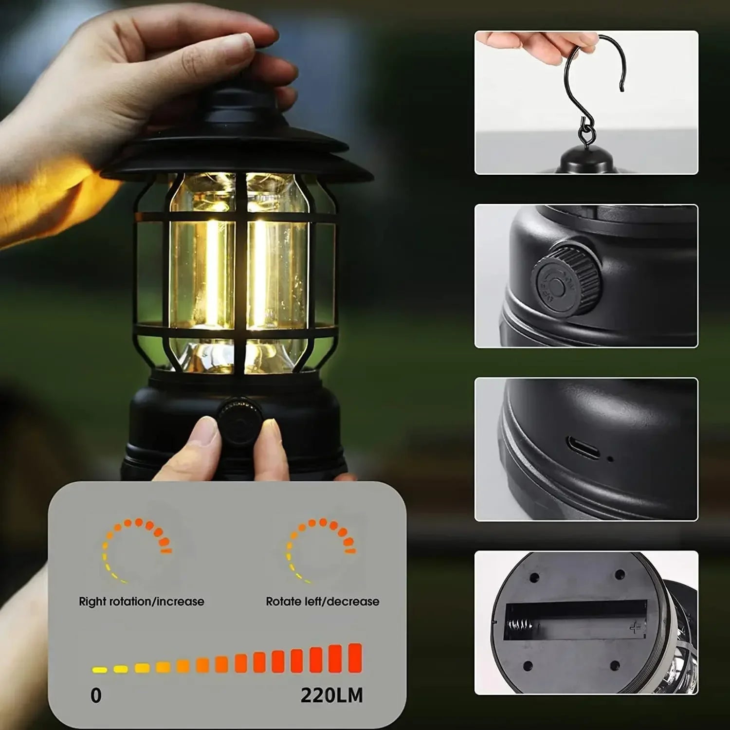 lot de 2 lanternes de camping usb rechargeables étanches pour randonnée et pêche - vue 3 sur 8