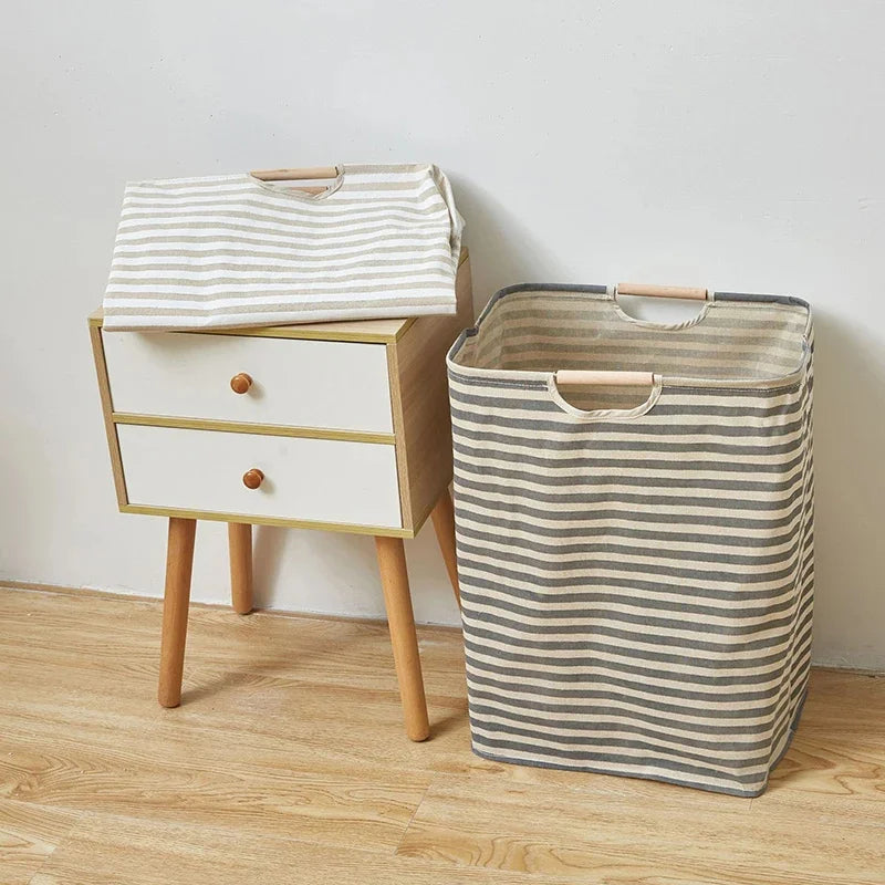 56*40*27CM Japanese Cotton Linen Dirty Clothes Basket, Folding Portable Fabric Laundry Basket，Bathroom Waterproof Storage Basket