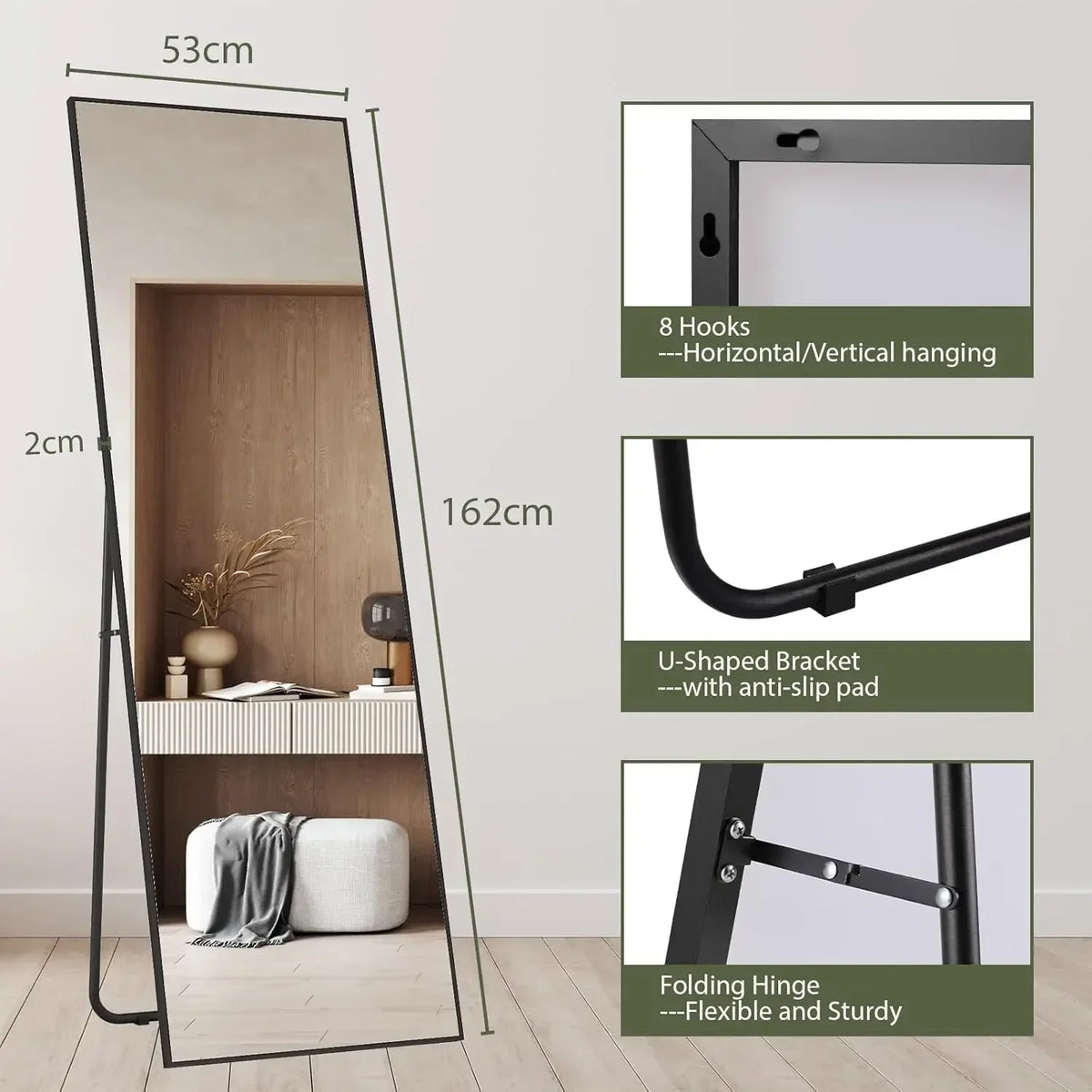 Full Length Mirror 162x53cm Full Body Mirror Rectangle Free Standing Wall Mounted Leaning Hanging Floor Mirrors, Black/Gold - vue 9 sur 12