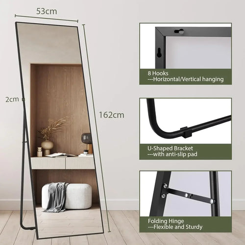 Full Length Mirror 162x53cm Full Body Mirror Rectangle Free Standing Wall Mounted Leaning Hanging Floor Mirrors, Black/Gold - vue 10 sur 12