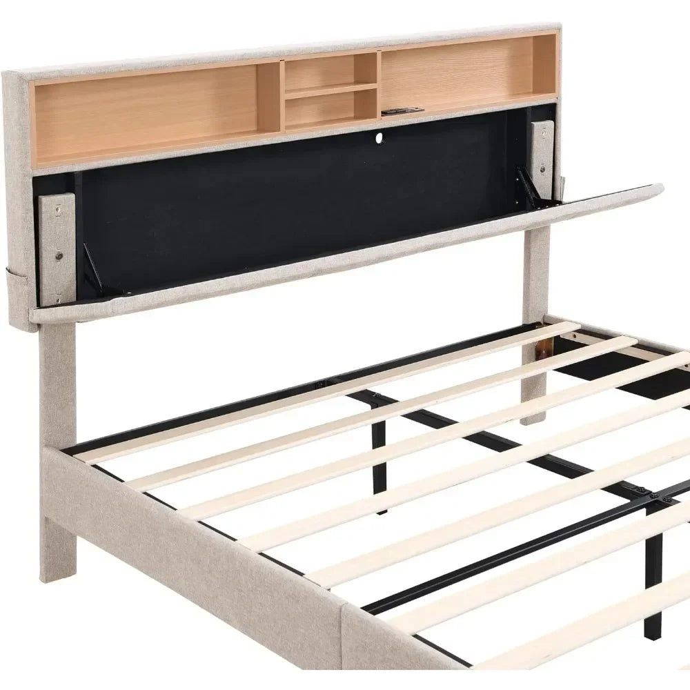 Bed frame bedroom furniture: headboard with storage and USB ports, full, grey modern upholstered platform bed - vue 3 sur 8