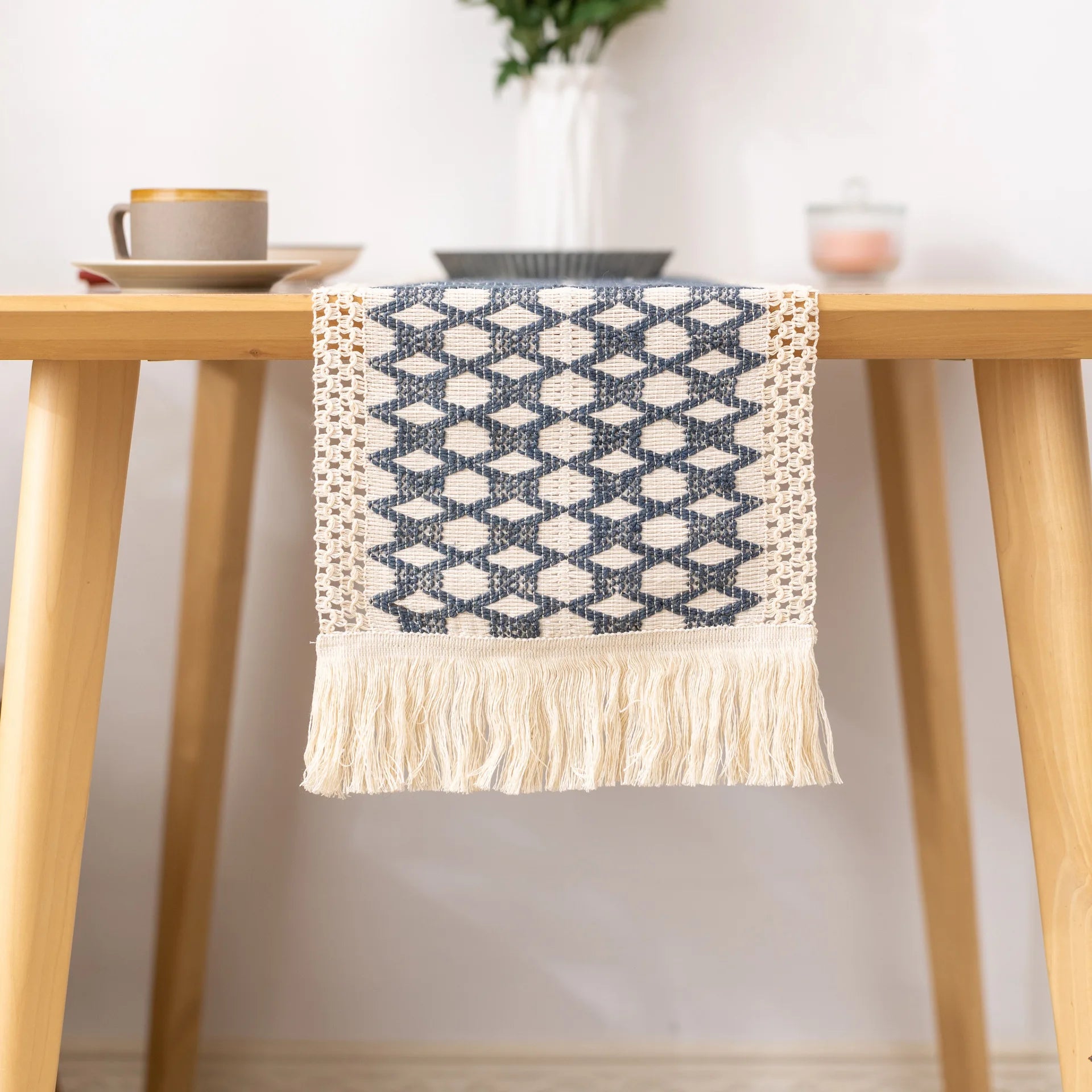 Chemin de table aspect lin motif carreaux decoratif - vue 5 sur 5