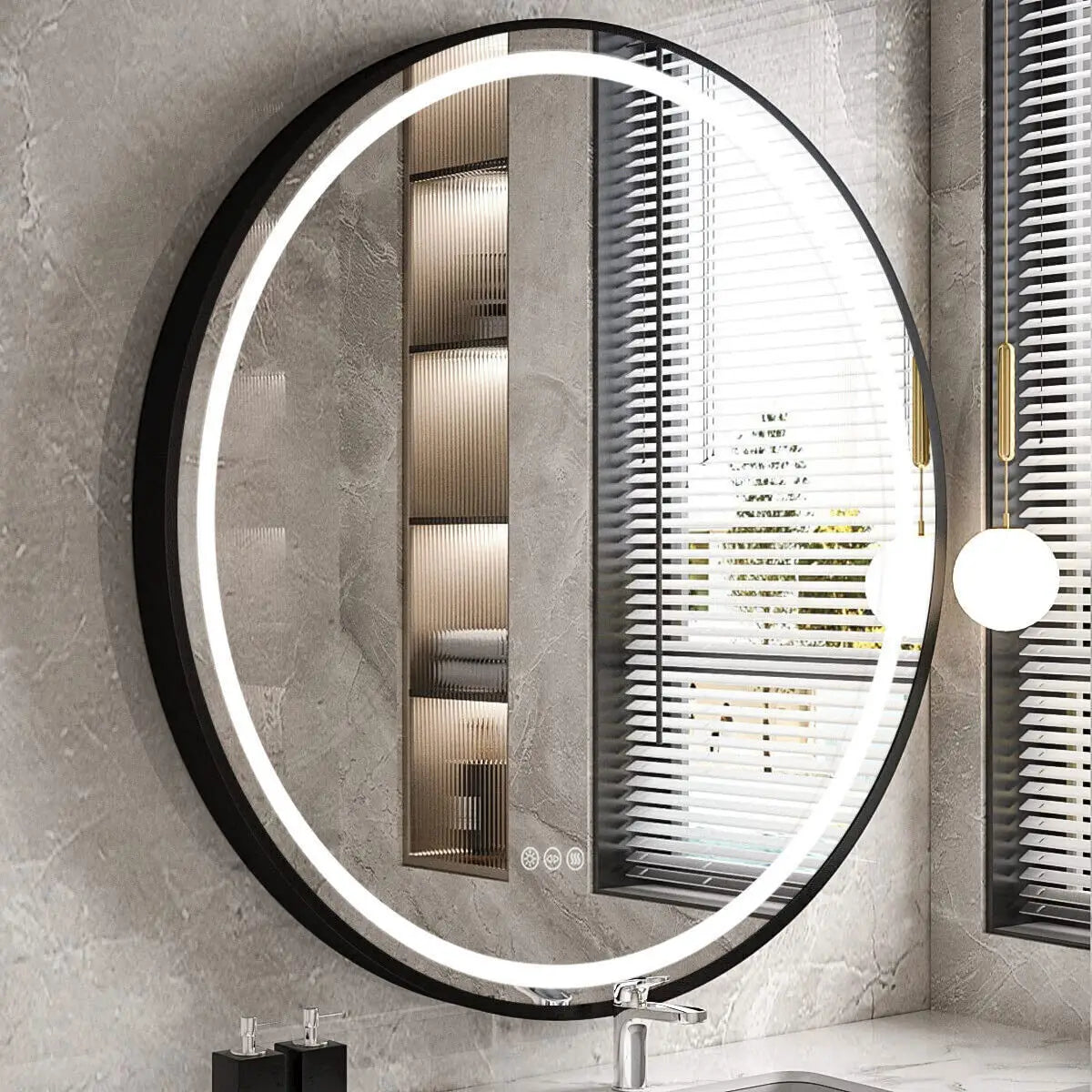 miroir rond éclairé led antibuée intensité variable cadre aluminium verre hd - vue 3 sur 9