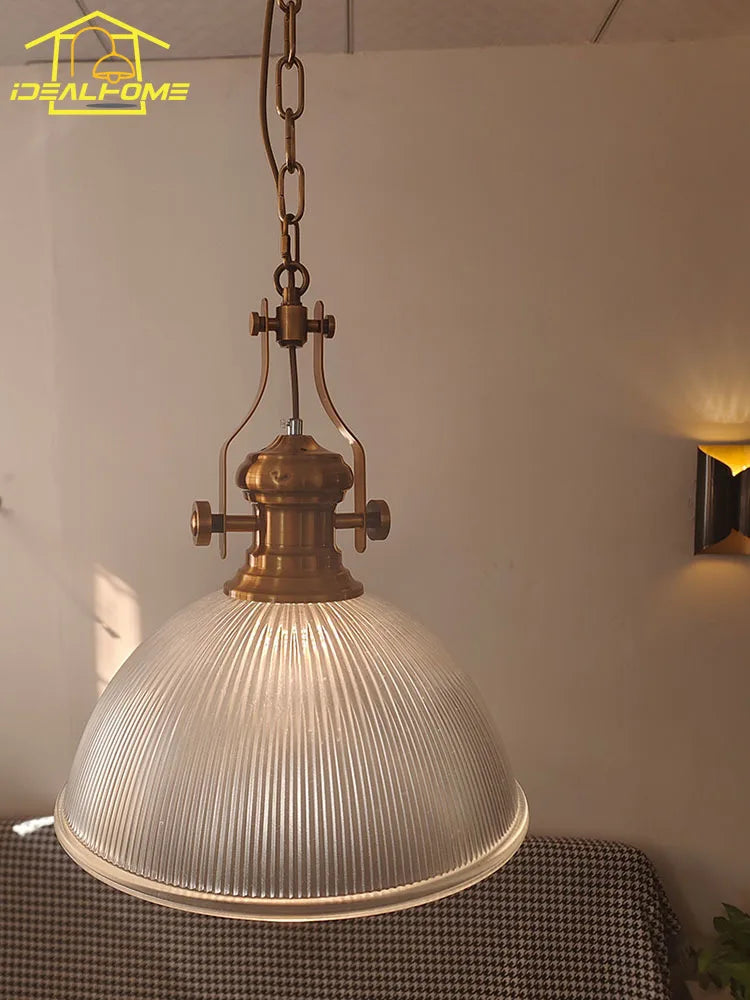 suspension vintage en fer style campagnard avec verre rayé - vue 4 sur 6