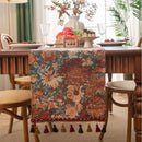 Chemin de table jacquard vert floral avec pompons