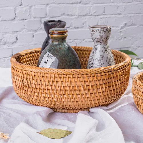 HEMU-Round Rattan Woven Basket, Wicker Fruit Basket, Bread Food, Kitchen Home Decor Organizer - vue 4 sur 12