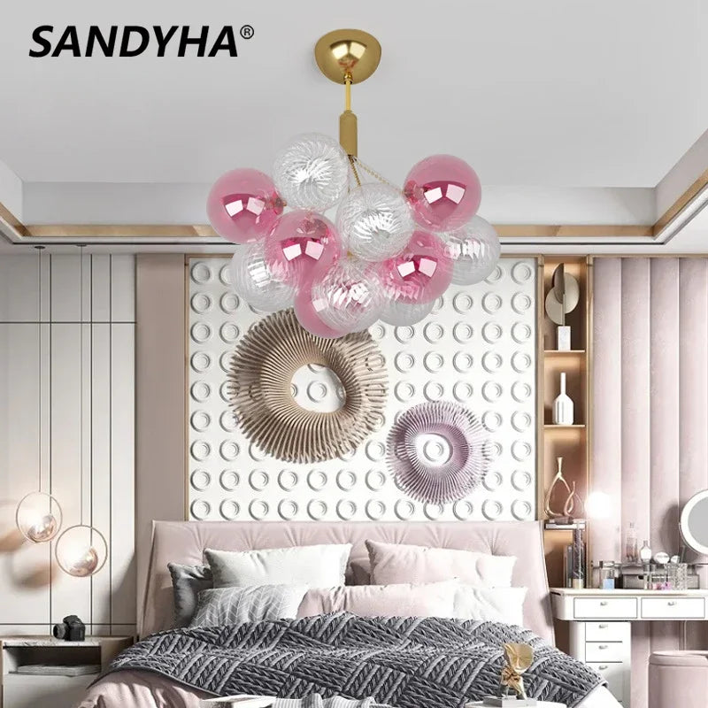 Lustre plafonnier moderne boule de verre multicolore décoration luxe éclairage