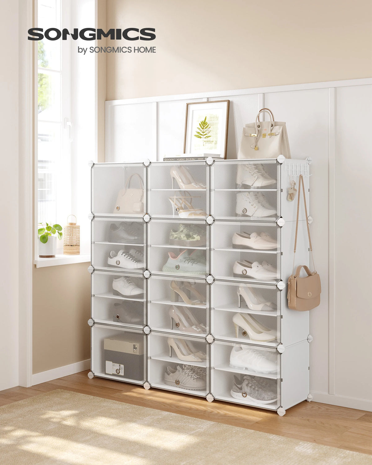 SONGMICS Étagère à Chaussures 12 Compartiments, Étagère de Rangement Modulable, Compartiment de 30 x 40 x 30 cm, Blanc