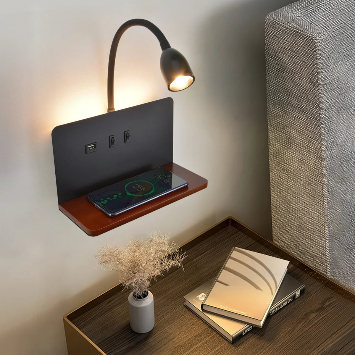 applique murale led intérieur usb sans fil moderne rotative 360° interrupteur veilleuses chevet - vue 4 sur 8