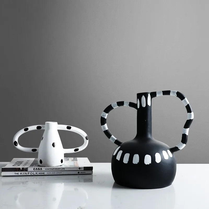 Black And White Polka Dot Double Ear Vase Decoration, Cave Style Homestay Sample Board Room Minimalist Flower Set