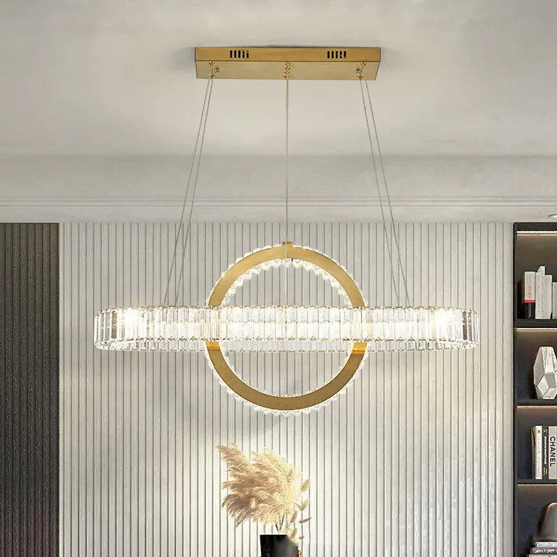 Lustre LED led moderne en acier doré avec cristaux et câble réglable - vue 4 sur 12