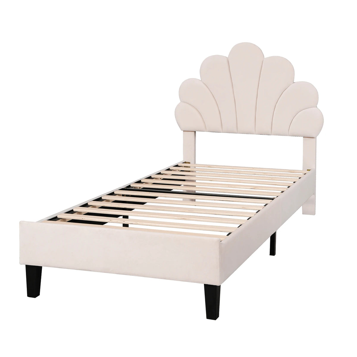 Youth Bed, Upholstered Bed, Skin-friendly Velvet Fabric, With Solid Flower-shaped Headboard and Slatted Frame, 90 x 200 cm