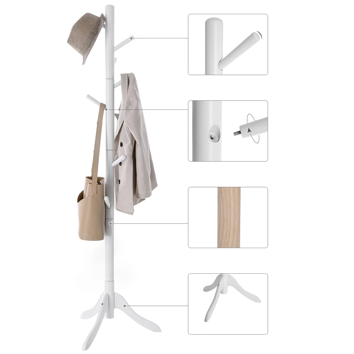 VASAGLE Standing Coat Rack, Solid Wood Coat Rack, Tree-Shaped Coat Rack with 8 Hooks, 3 Height Options, for Clothes, Hats, Bags - vue 3 sur 7