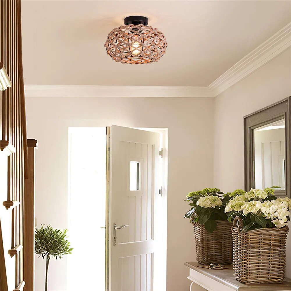 plafonnier tissé rustique corde chanvre plafond couloir ferme noir - vue 4 sur 6