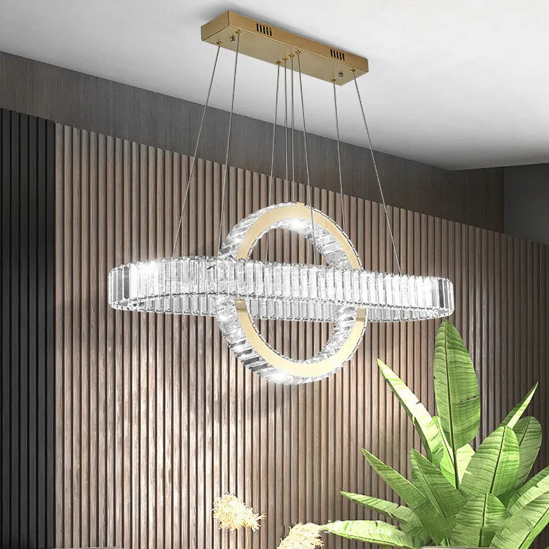 Lustre LED led moderne en acier doré avec cristaux et câble réglable - vue 3 sur 12