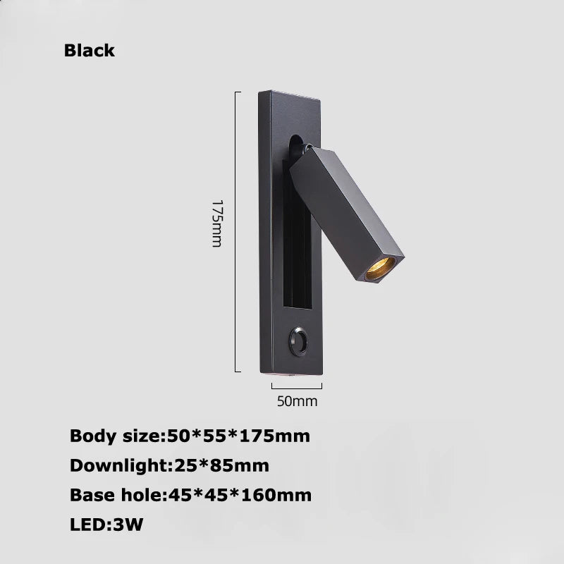 Black Brass Rectangular LED Wall Lamp Wall Sconce Wall Spotlight Reading Light with Switch and USB Port, Rotatable For Bedroom - vue 20 sur 22