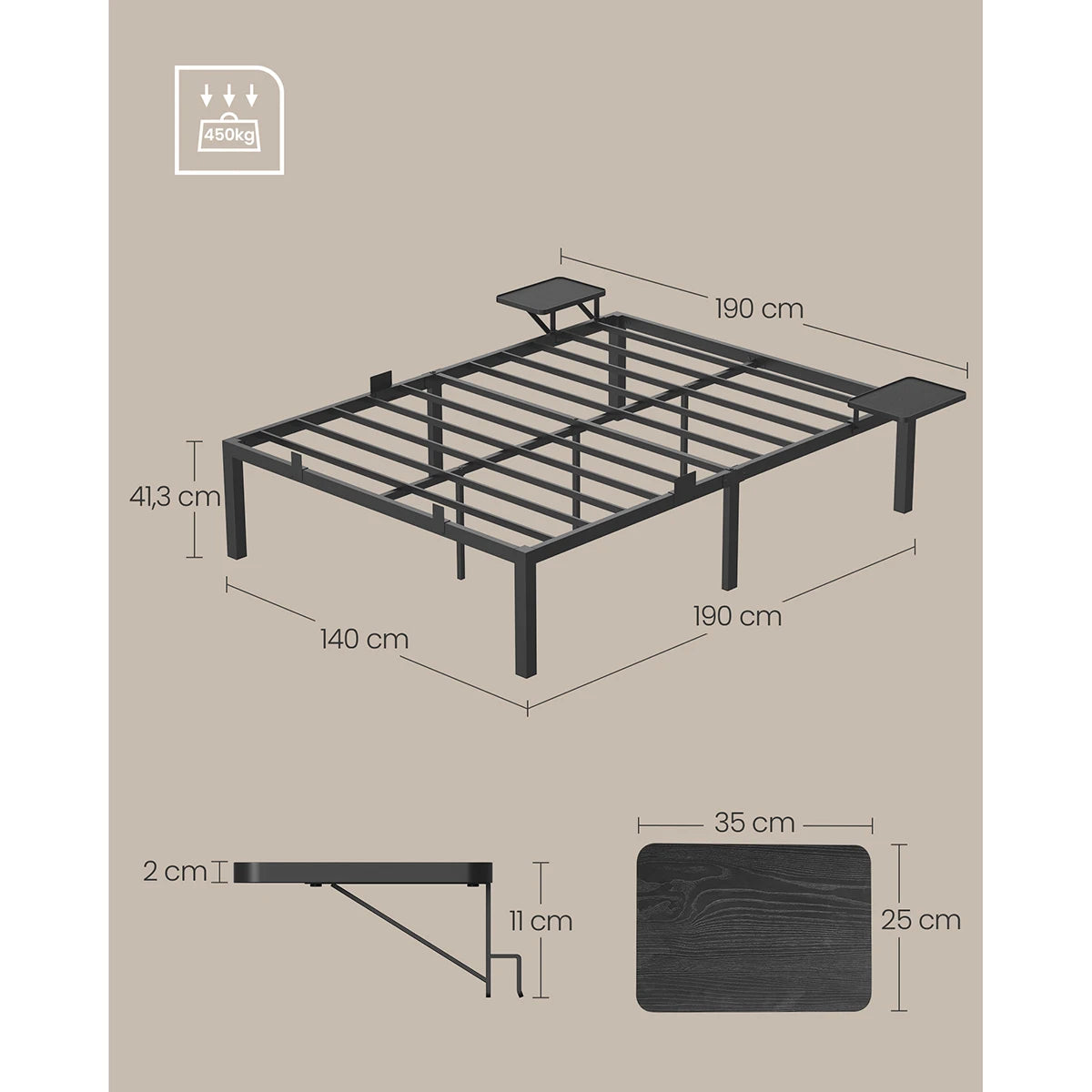 VASAGLE Double Bed Frame, Metal Bed Frame, with Bedside Shelves, Guest Bed Frame, for 190 x 140 cm Mattresses, Easy Assembly - vue 6 sur 7