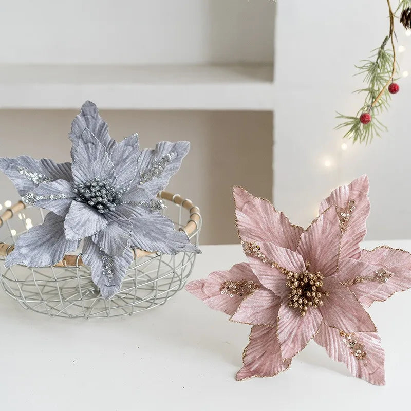 fleur de noël artificielle en velours pailleté décoration festive pour maison - vue 5 sur 12