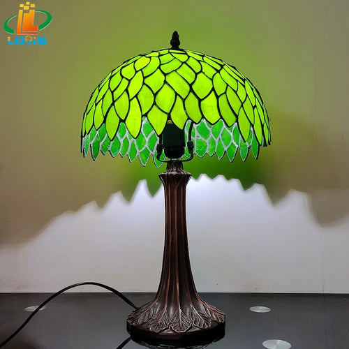 lampe à poser style tiffany avec feuilles vertes décorative - vue 3 sur 6