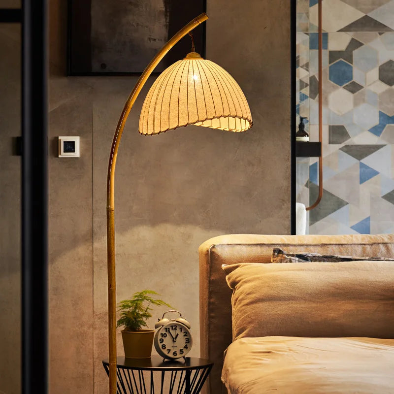 Lampadaire à abat-jours suspenduen toile nuances LED nordique bambou - vue 4 sur 8