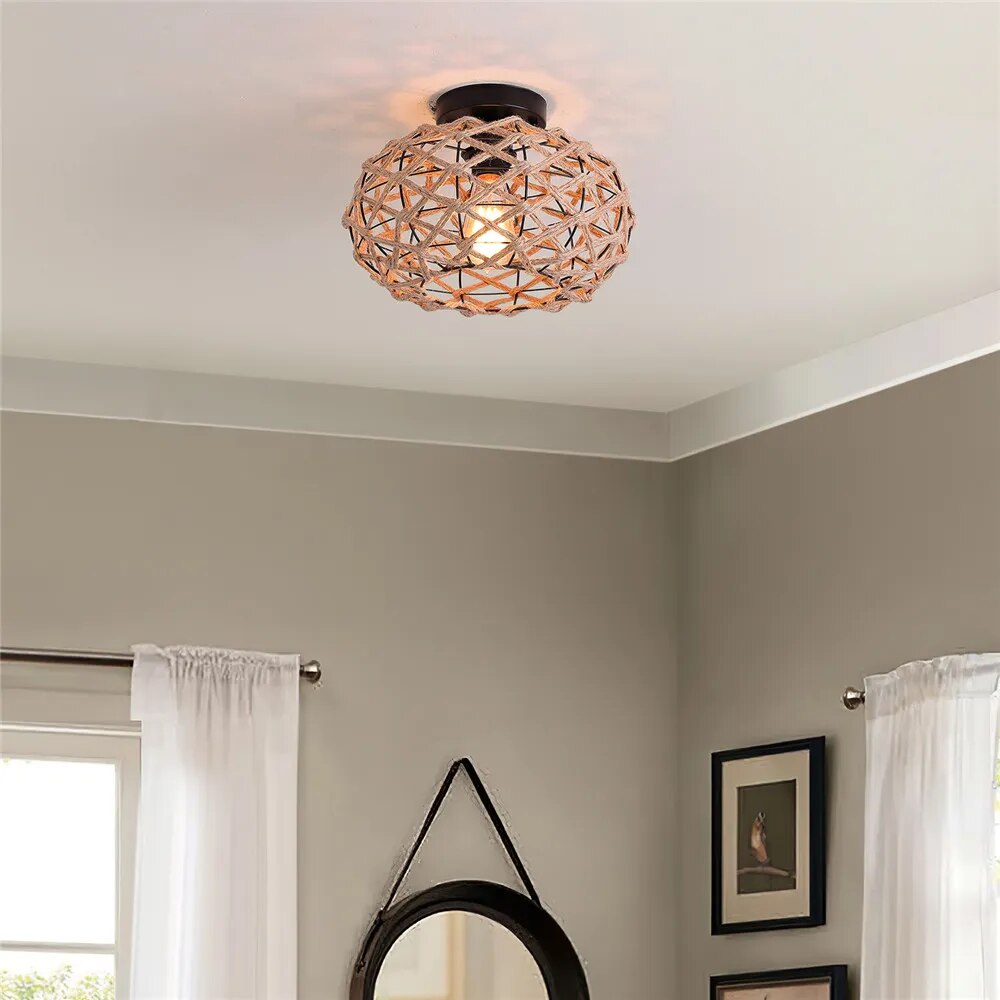 plafonnier tissé rustique corde chanvre plafond couloir ferme noir - vue 5 sur 6
