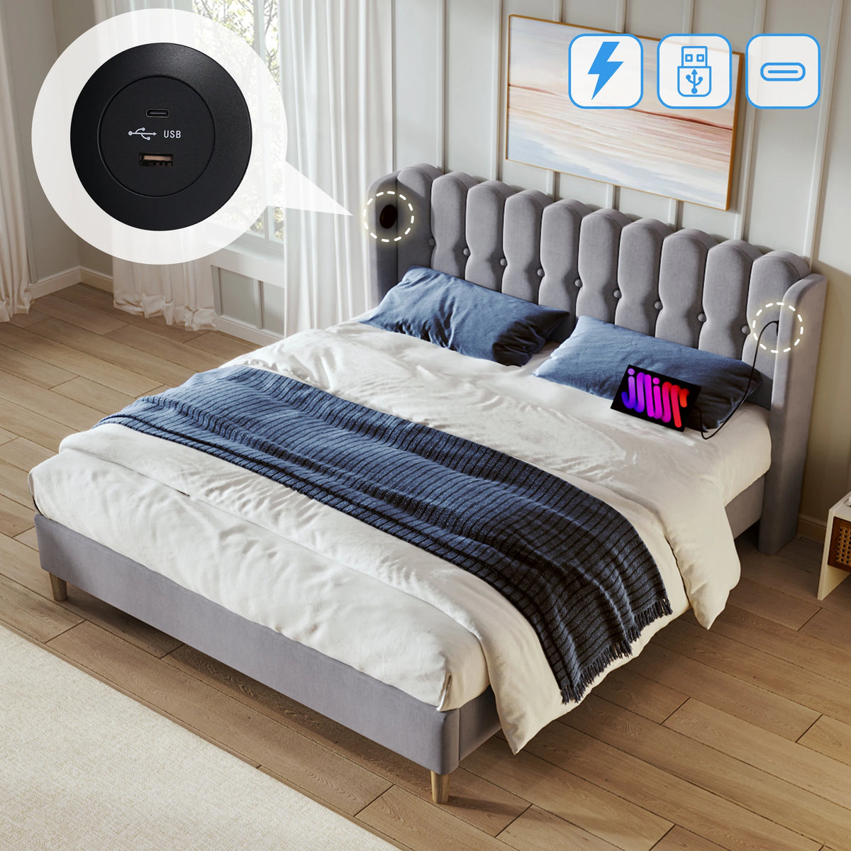 Cushion Bed Double with USB Type C Charging, Slatted Frame, Upholstered, Gray, 160x200 cm, Youth/Guest Room, Linen