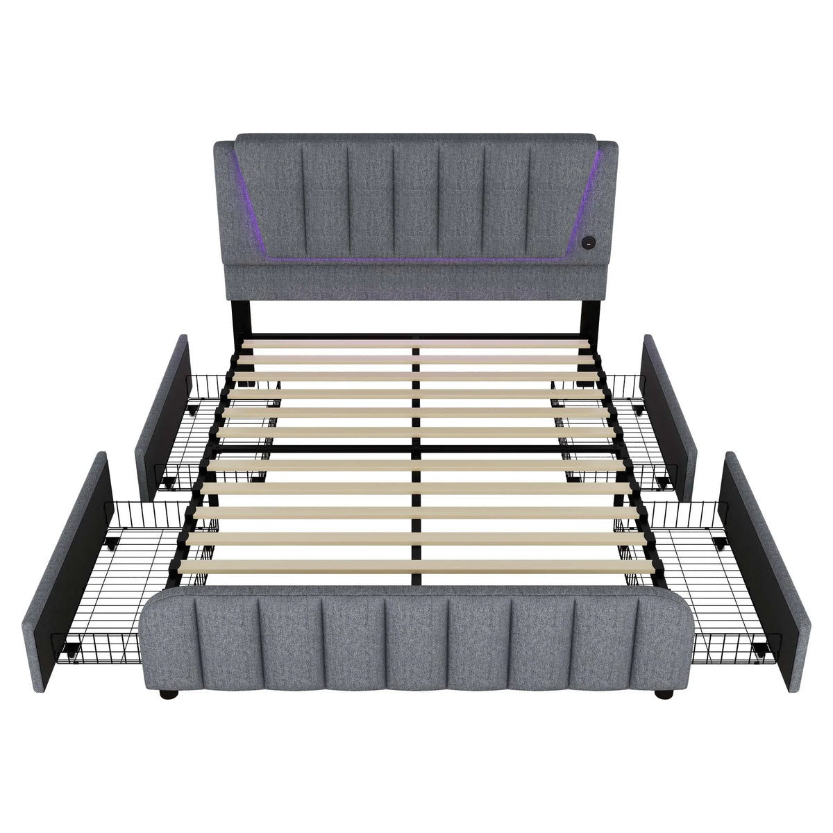 160x200cm, bed with slatted frame (without mattress), bed with four drawers, Adjustable headboard, Linen, Minimalist, Grey - vue 5 sur 6
