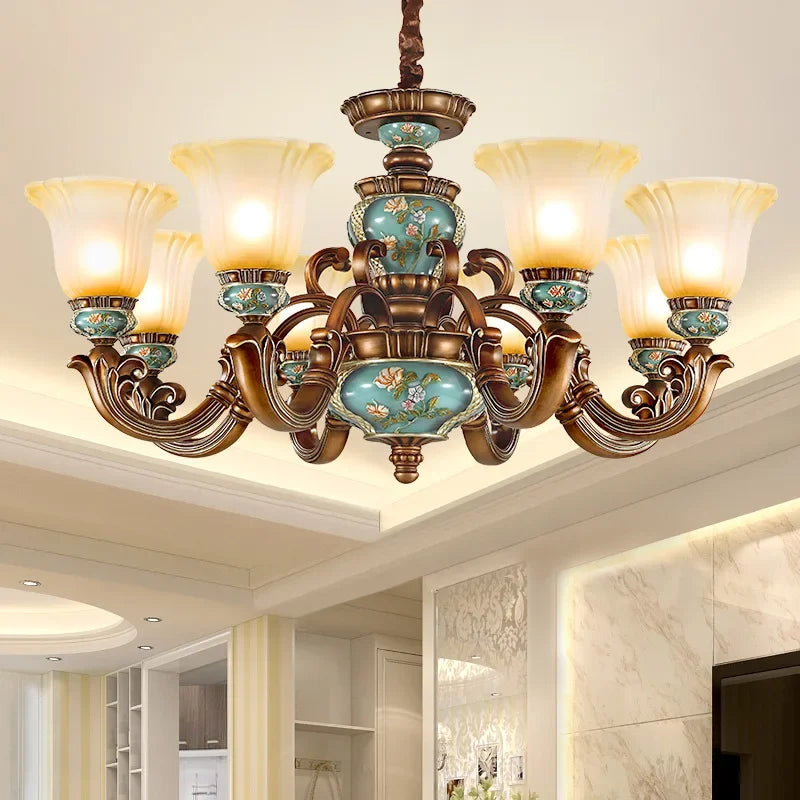 European style bedroom light, living room resin chandelier, LED glass and iron art chandelier - vue 3 sur 12