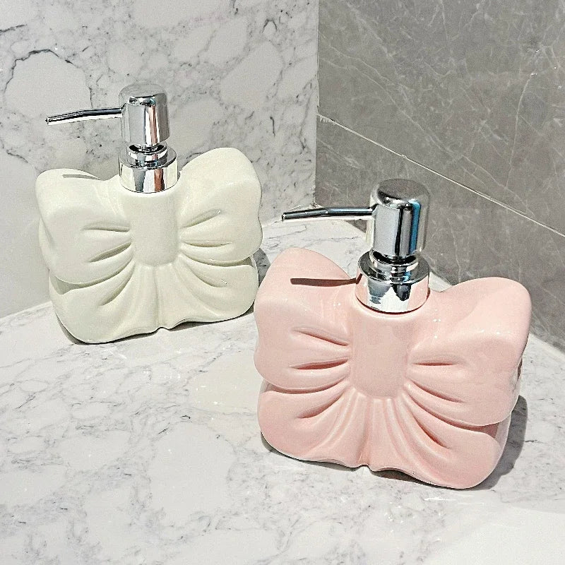1pc, Ceramics Bowknot Lotion Press Bottle, Household Bathroom Shower Gel Bottle, Plastic Pump Head, Bathroom Liquid Dispenser