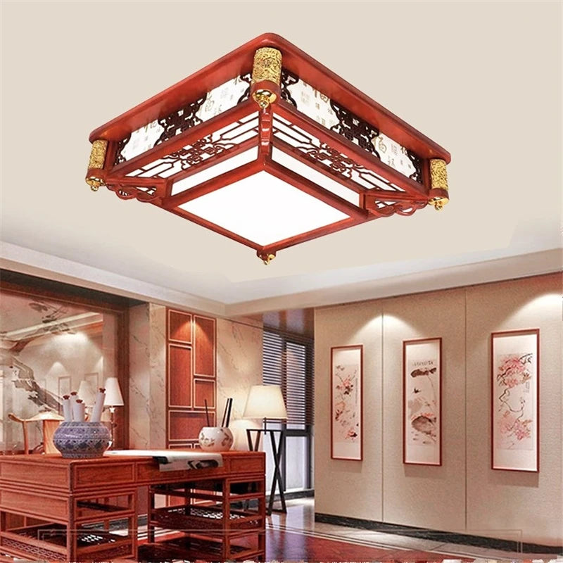 plafonnier vintage chinois en bois avec luminaire acrylique