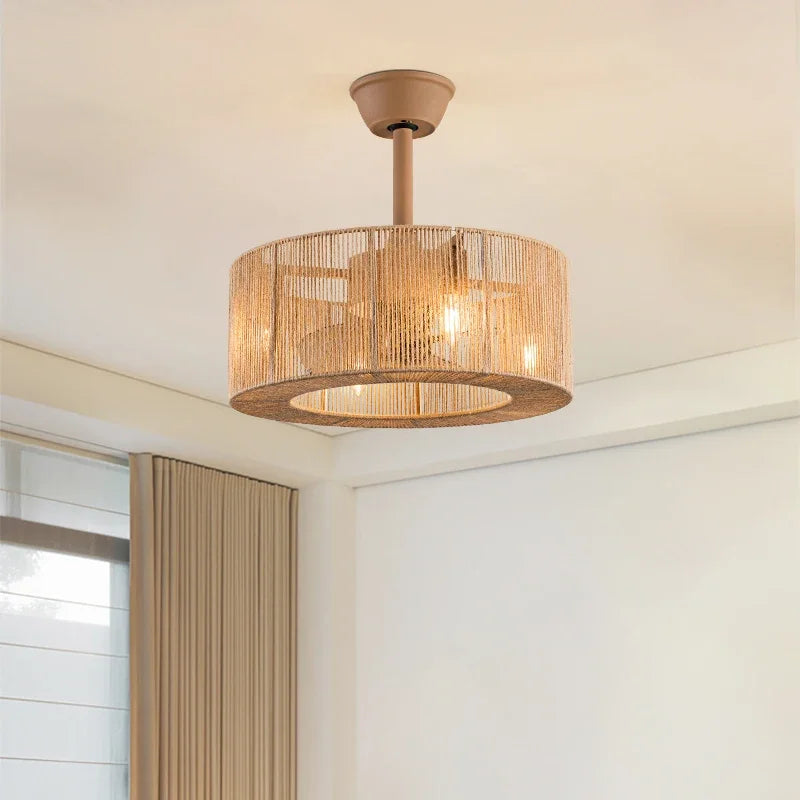 plafonnier décoratif en corde tressée avec ventilateur et intensité variable - vue 4 sur 11