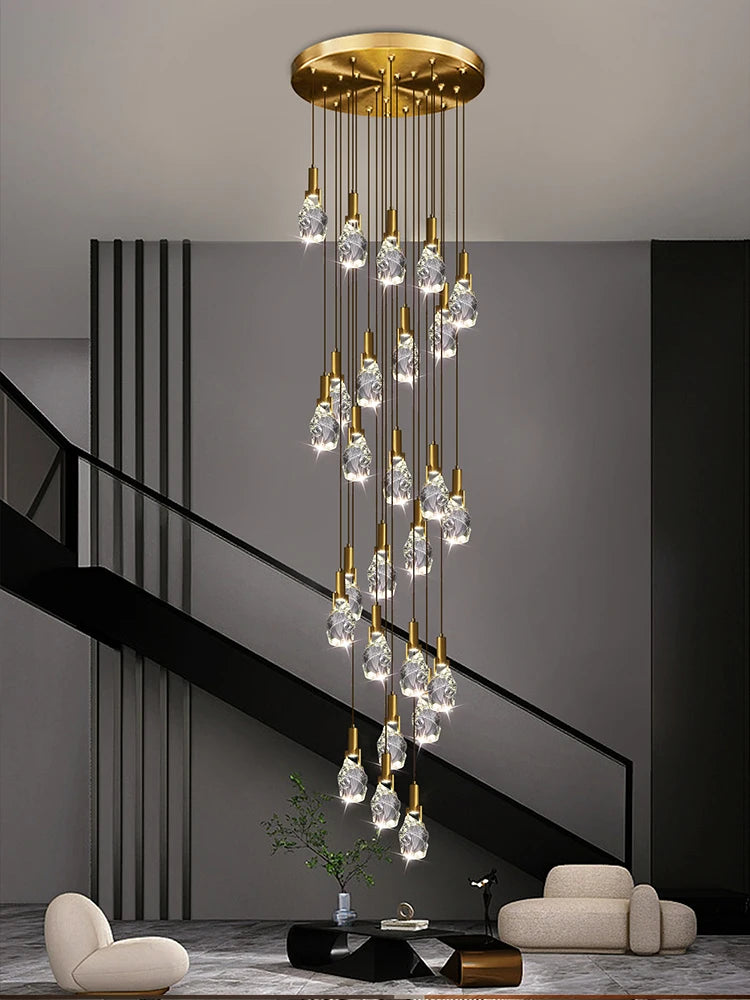 lustre duplex loft escalier en colimaçon moderne créatif villa salon cristal - vue 3 sur 14