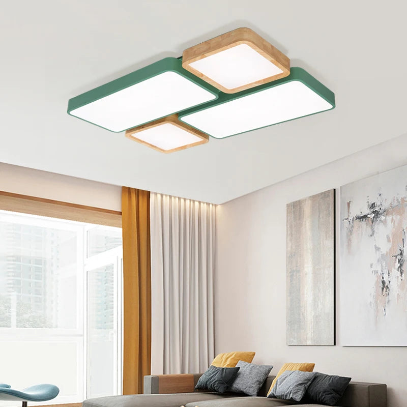 Nordische LED-Deckenleuchte Rechteck Holz Macaron Einbau - vue 3 sur 12