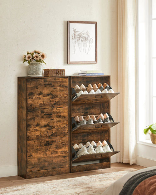 VASAGLE 3-Leaf Shoe Cabinet, 3-Tier Storage Cupboard, Rustic Brown - vue 4 sur 7