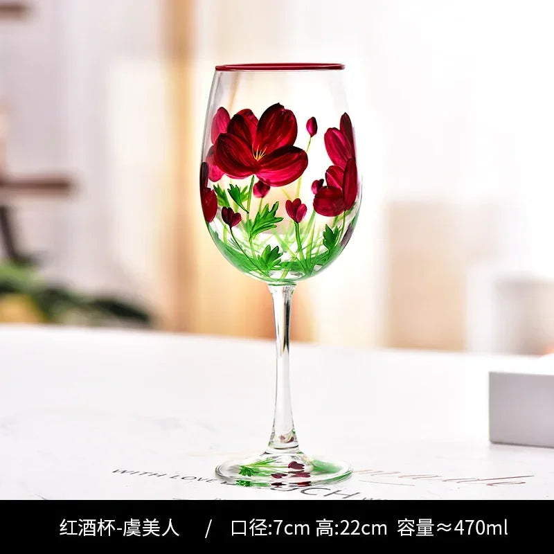 Verres vin haut motifs floraux dessinés main trio