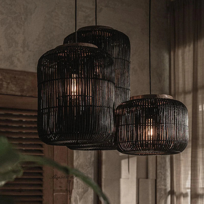 suspension Wabi-sabi lumières chinois rétro salle à manger salon restaurant décor chez l'habitant rotin - vue 4 sur 12