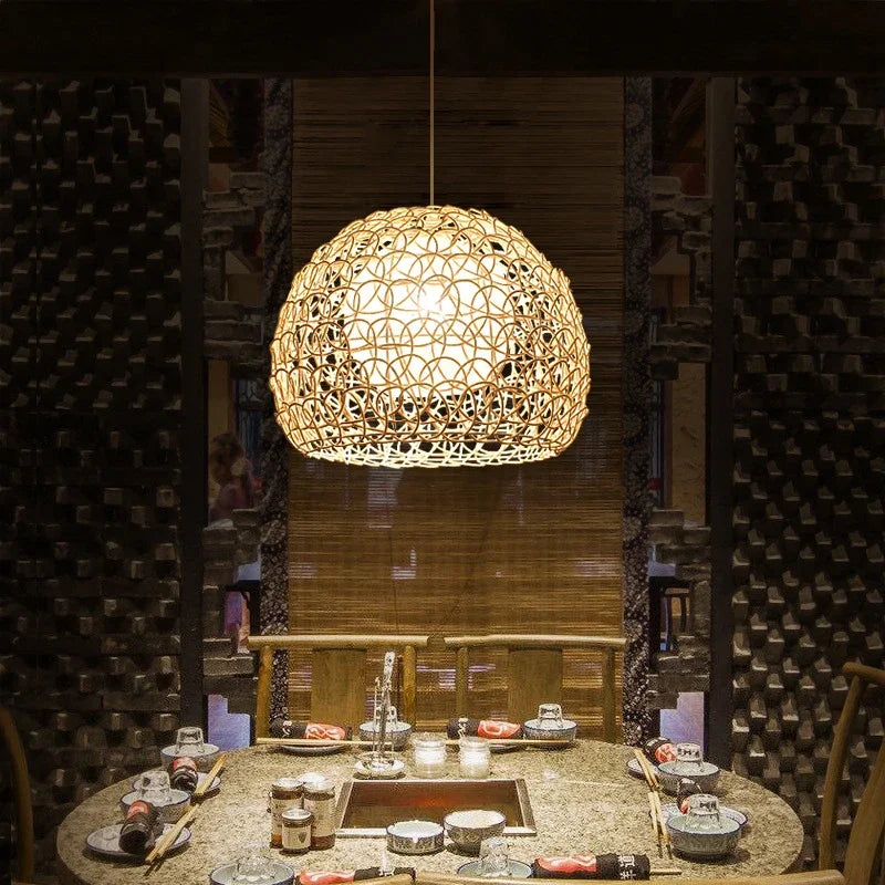 lustre en rotin tissé à la main style chinois moderne