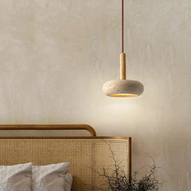 lustre moderne en bois avec suspension led en pierre - vue 2 sur 7