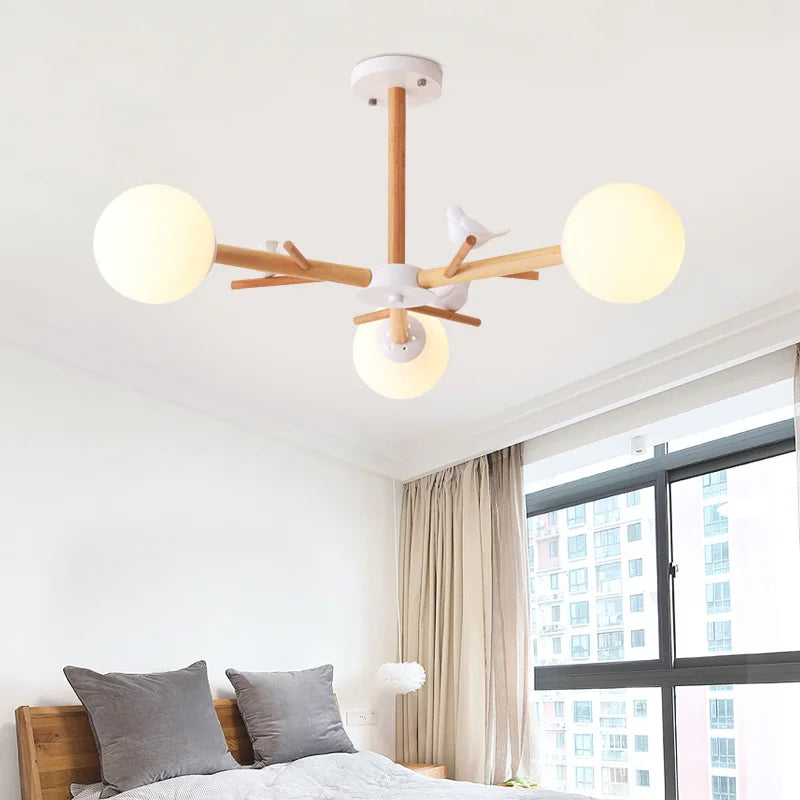 lustre en bois naturel avec abat-jour rond en verre moderne - vue 6 sur 9