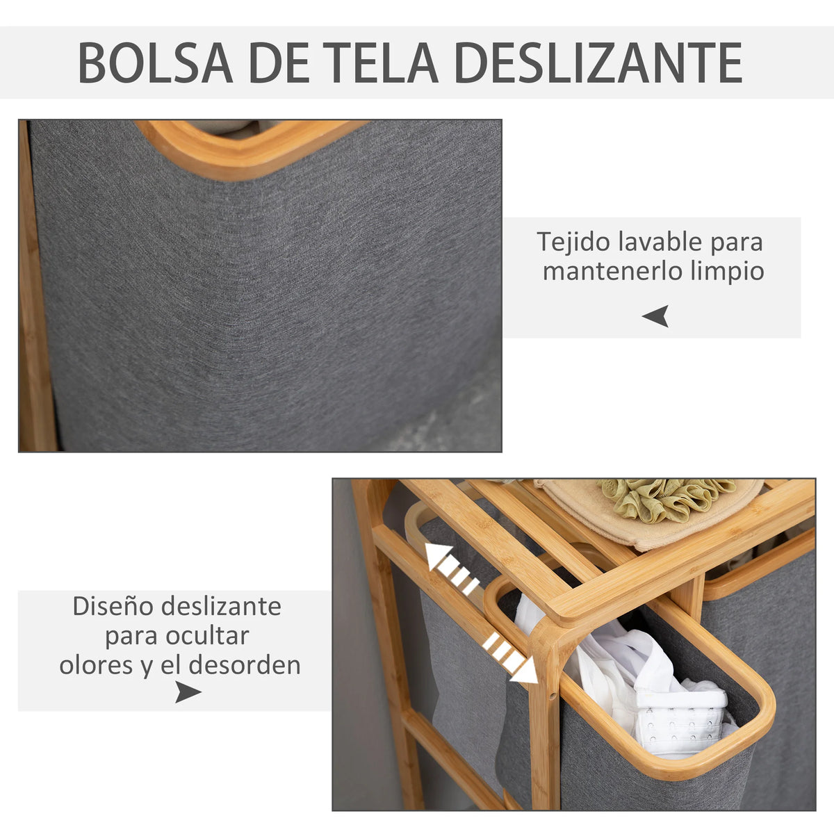 HOMCOM bamboo laundry hamper 3 removable fabric bags 50x32x69,7 cm - vue 5 sur 7
