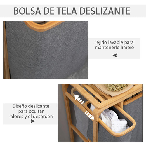 HOMCOM bamboo laundry hamper 3 removable fabric bags 50x32x69,7 cm - vue 6 sur 7