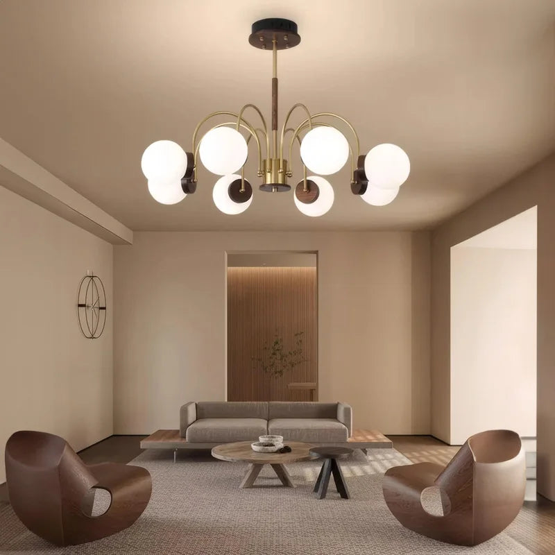 Walnut Wood chandelier lights, Wabi-sabi Modern style, Living Room lighting for Bedroom, Bedside, Living, Dining Room, Showcase - vue 4 sur 9