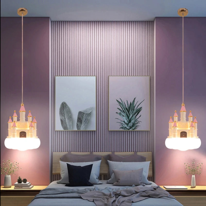 SANDYHA Lustre Chambre de Fille Château Rose Suspension Nuage Chambre d'enfant Décoration de la Maison Chevet LED Luminaire Suspendu - vue 4 sur 8