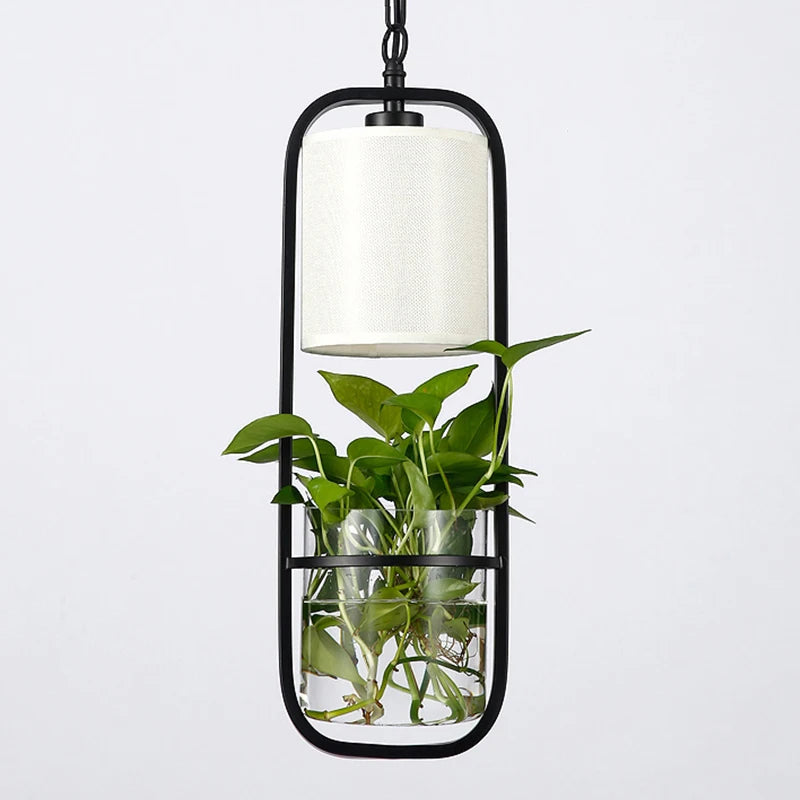 Suspension moderne en cage avec abat-jour en verre et fer